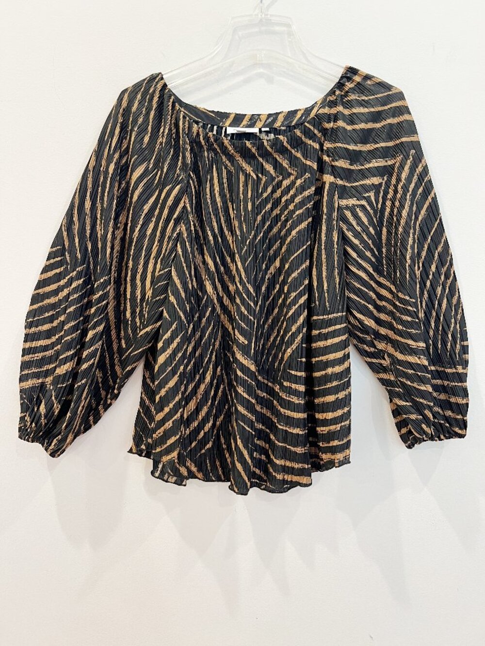 xChicos Blouse Top Size 2 Large Brown Metallic Crinkle Zebra Print Balloon Sleev